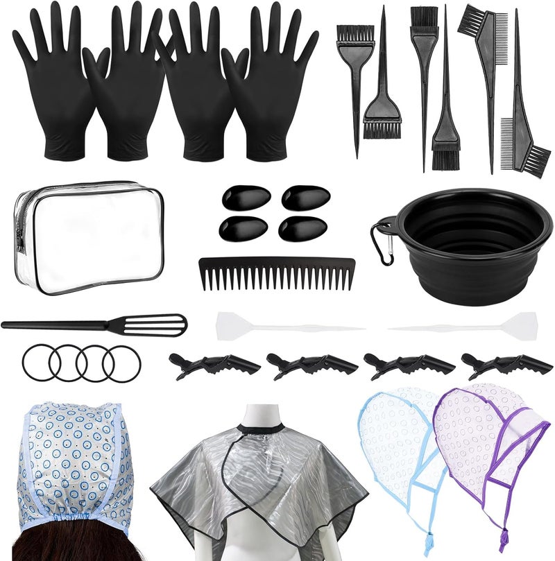 DINTSTYLE 32Pcs Hair Dye Coloring Kit,Hair Dye Tools for DIY Salon.Hair Dye Brush and Bowl Set, with Dye Brush/Ear Cover/Gloves/Comb/Hairpin/Hair Coloring Cape(Black,B) - Image 1